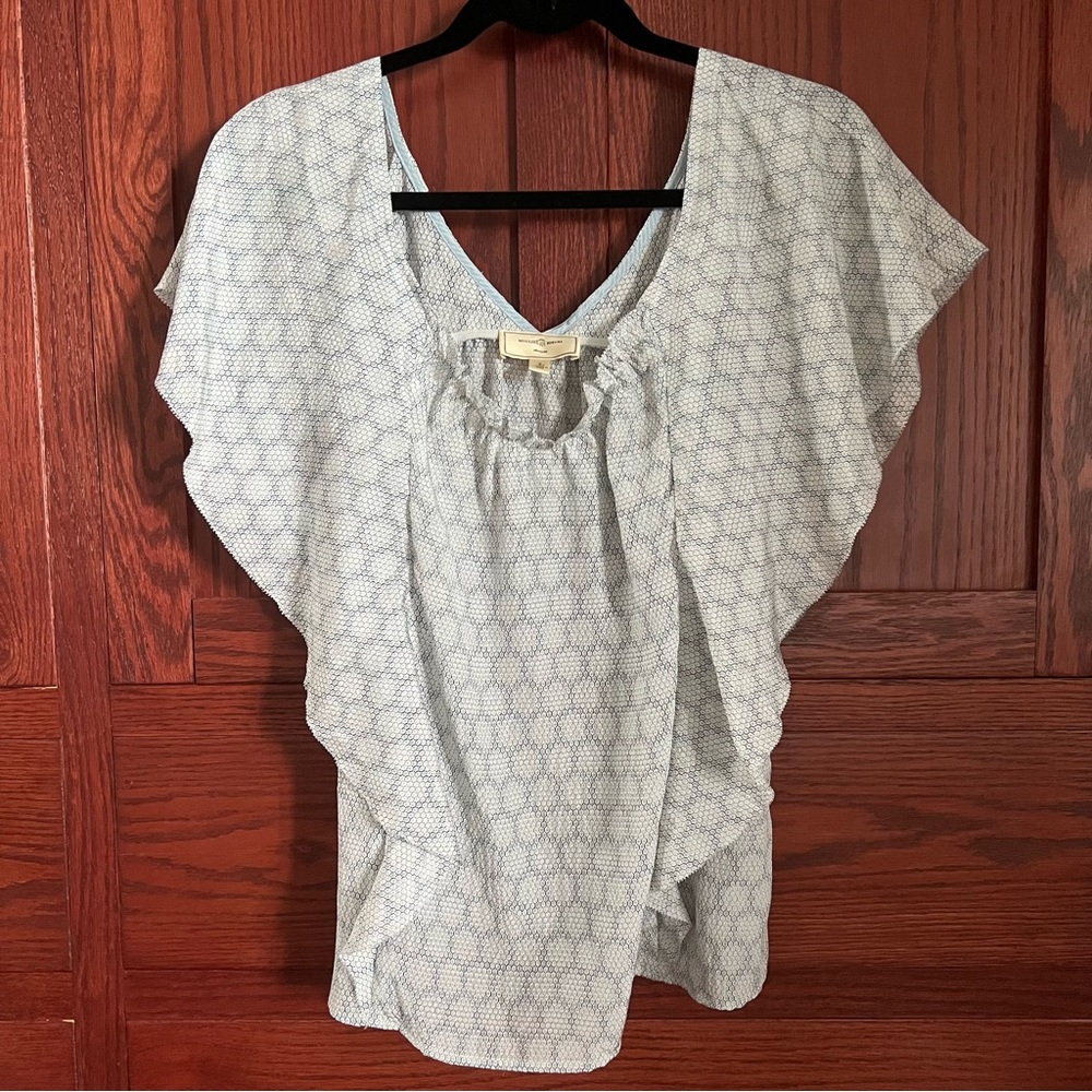 Moulinette Soeurs 100% Silk Blurred Bloom Blue and White Blouse Top 8